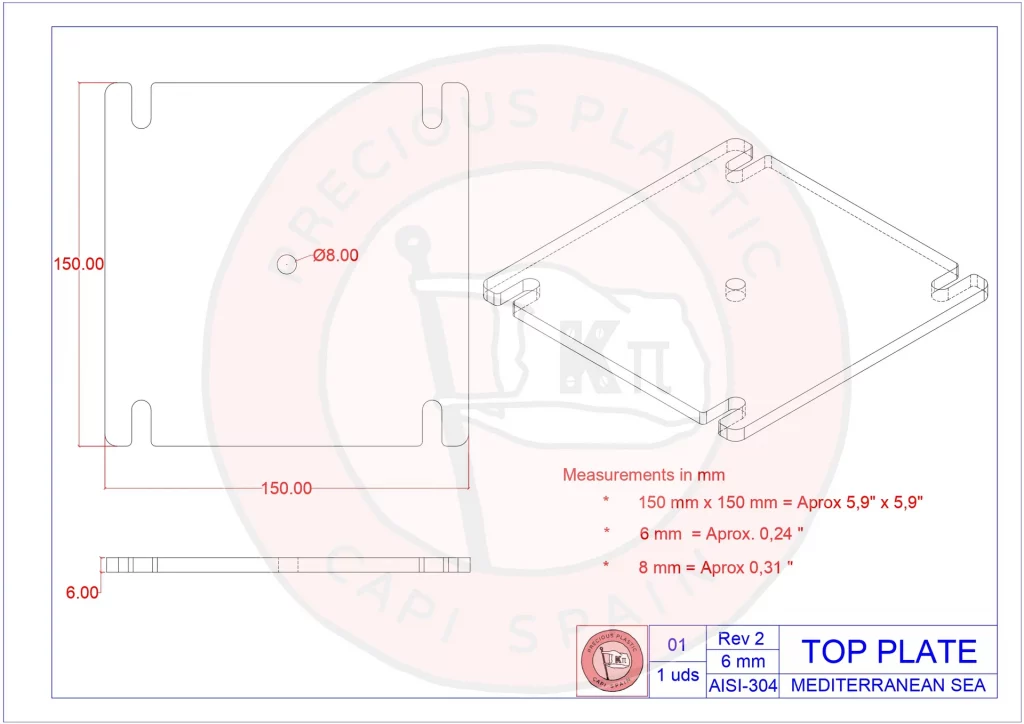 Plano técnico con cotas y medidas en milímetros y pulgadas de la placa superior Top Plate de 6 mm para moldes de inyección Precious Plastic Capi Spain.
