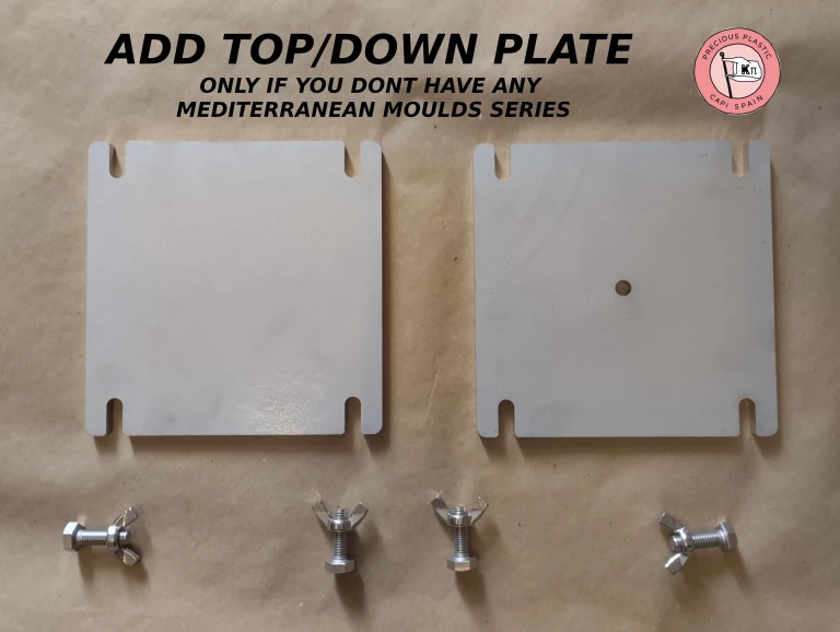 Stainless steel top and down plates with wing nuts for Precious Plastic Capi Spain injection moulds.