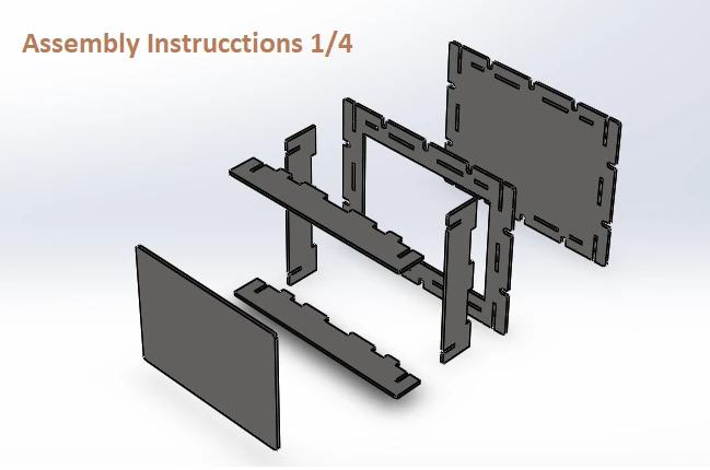 Instrucciones de montaje 1 de 4: Vista explosionada en 3D con todas las piezas desmontadas del molde A5 Sheetpress.