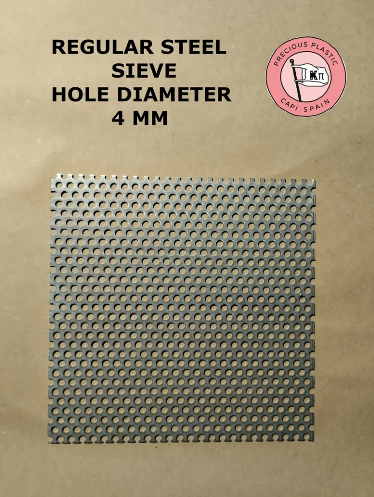 Carbon steel filtering sieve with 4 mm diameter perforations for the Precious Plastic shredder.