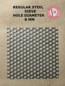Carbon steel filtering sieve with 8 mm diameter perforations for the Precious Plastic shredder.