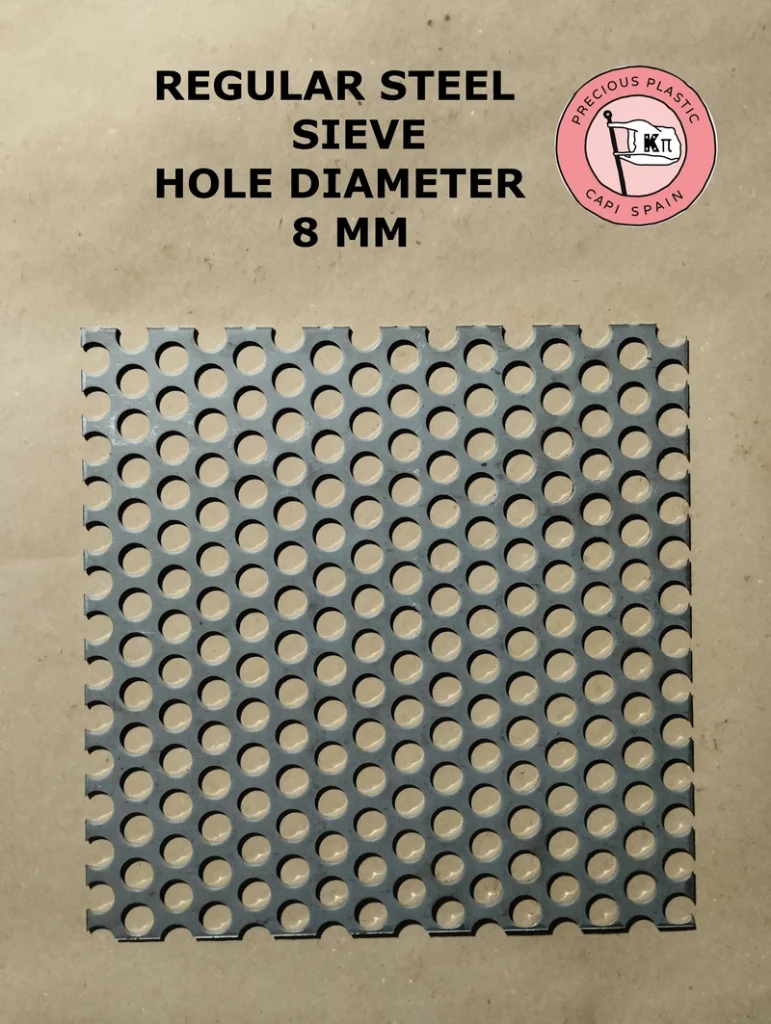 Carbon steel filtering sieve with 8 mm diameter perforations for the Precious Plastic shredder.