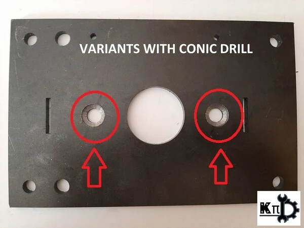 Steel side plate of the Precious Plastic shredder showcasing two holes with the conic drill variant.
