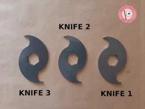 The three types of carbon steel rotating knives for the Precious Plastic shredder: 5 units type 1, 5 units type 2, and 4 units type 3.