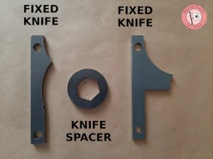 Carbon steel fixed knives of five and six millimeters with hexagonal knife spacers for the Precious Plastic shredder.