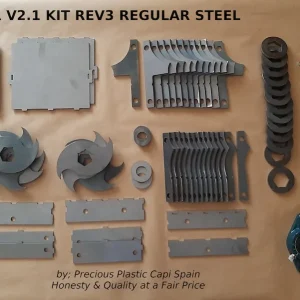 Kit desarmado de la trituradora V2.1 Rev3 de Precious Plastic en acero al carbono con cuchillas, eje hexagonal, rodamientos y tornillería.