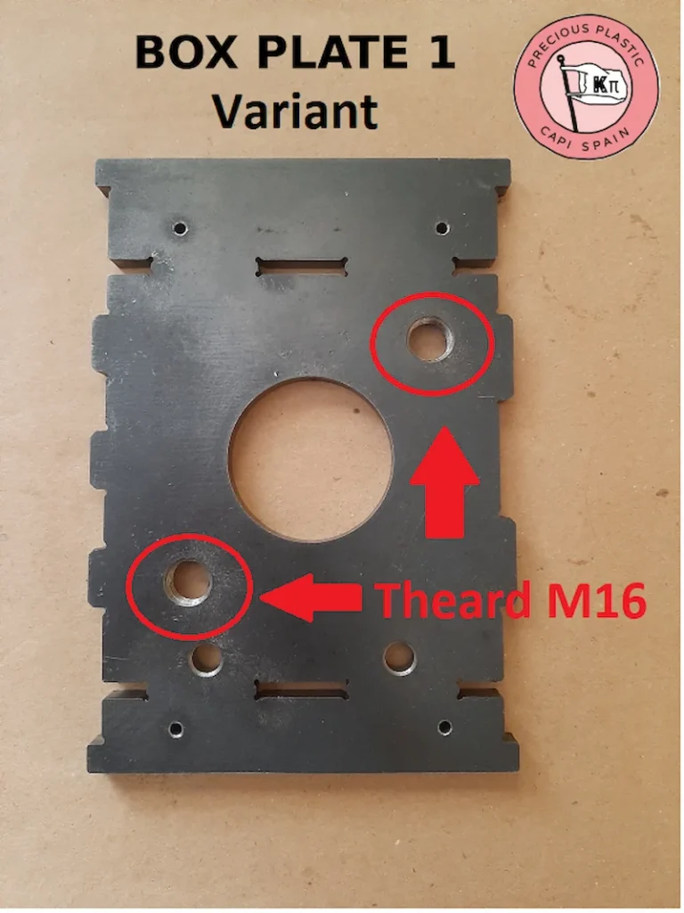 Optional variant of the side housing Box Plate 1 for the V3.3 shredder featuring M16 machined threads.