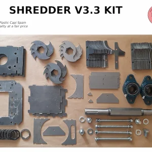 Kit completo desarmado de la trituradora V3.3 de Precious Plastic en acero al carbono con cuchillas, eje hexagonal, rodamientos y tornillería.