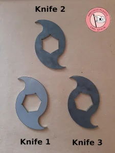 The three types of carbon steel rotating knives for the Precious Plastic V3.3 shredder: 5 units type 1, 5 units type 2, and 4 units type 3.