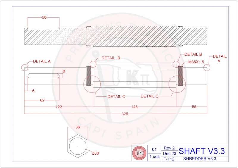 Technical dimension drawing of the 325 mm reinforced shaft in F-112 steel for the Precious Plastic V3.3 shredder.