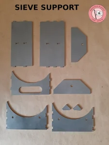 Laser-cut carbon steel parts kit for the Precious Plastic V3.3 shredder sieve support with optimized design.